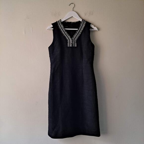 Talbots Womens Black Vneck Texture Dress with Neckline Fringes Sleeveless Size 2 - Picture 7 of 10